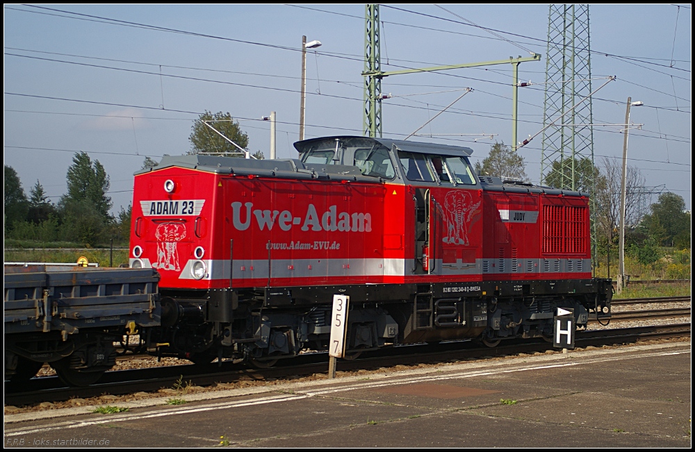 ADAM 23  Judi  mit einem Schwellen- und Schienenzug am Signal (NVR-Nummer 92 80 1202 240-8 D-BWESA, ex DR 110 240-9, ex DR 112 240-7, ex DB, ex ALS, gesehen Berlin Schnefeld Flughafen 03.10.2010)