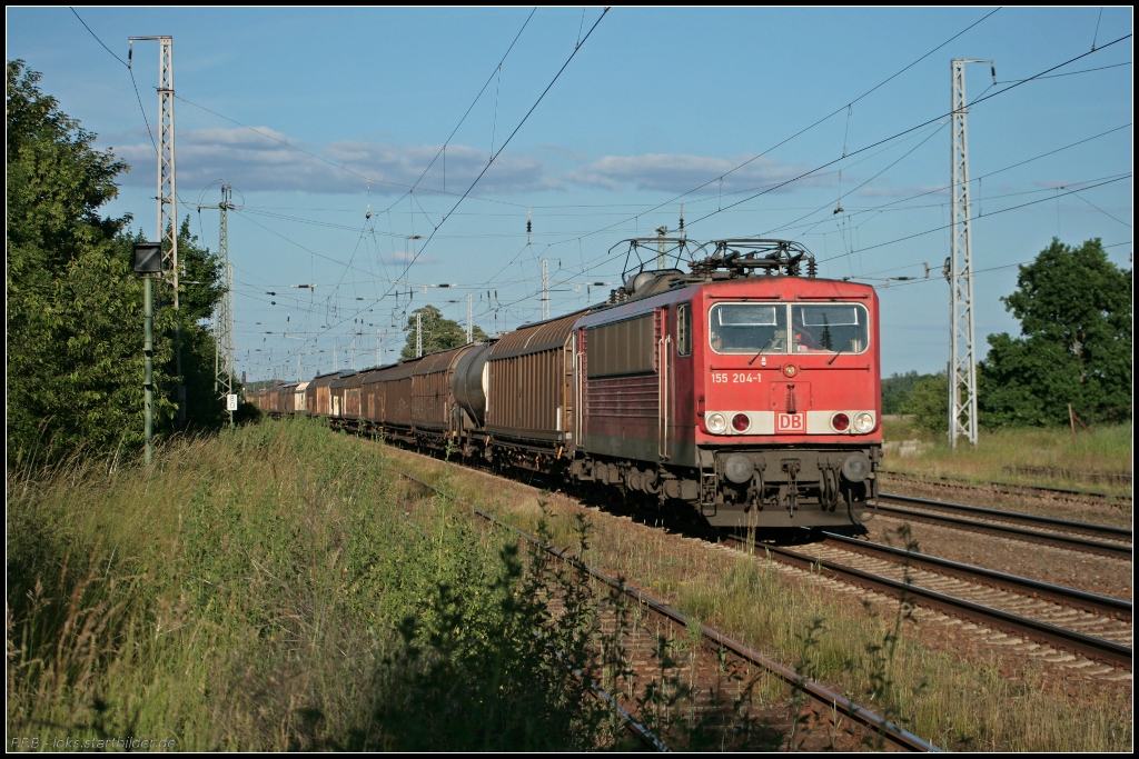 DB Schenker 155 204-1 mit gemischtem Güterzug Richtung Seddin (gesehen Nuthetal-Saarmund 16.06.2010)