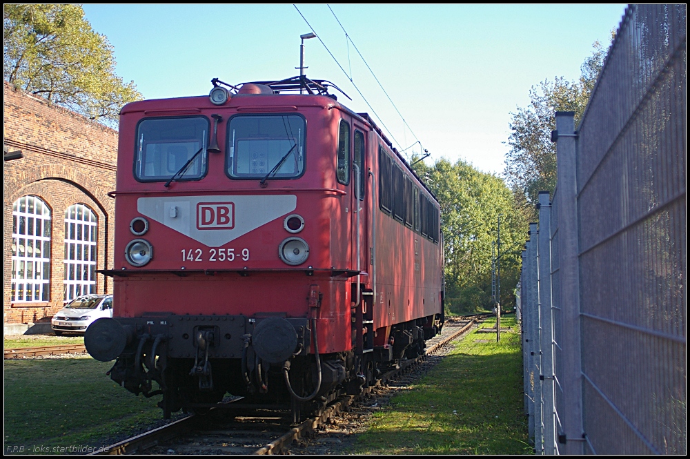 In orientrot und mit Latz, so zeigt sich DB 142 255-9 ganz am Rande des Bw-Geländes (gesehen Bw-Fest Lutherstadt Wittenberg 10.10.2010)