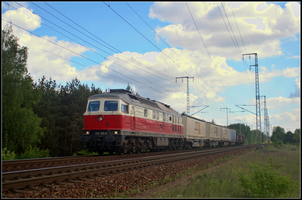 Als DB Cargo 232 309-5 mit ihrem gemischten Gterzug am 26.05.2017 an der Fotostelle in der Berliner Wuhlheide vorbei fuhr, versteckte sich die Sonne hinter einer Wolke. Die Lok ist von DB Schenker Rail Polska angemietet.