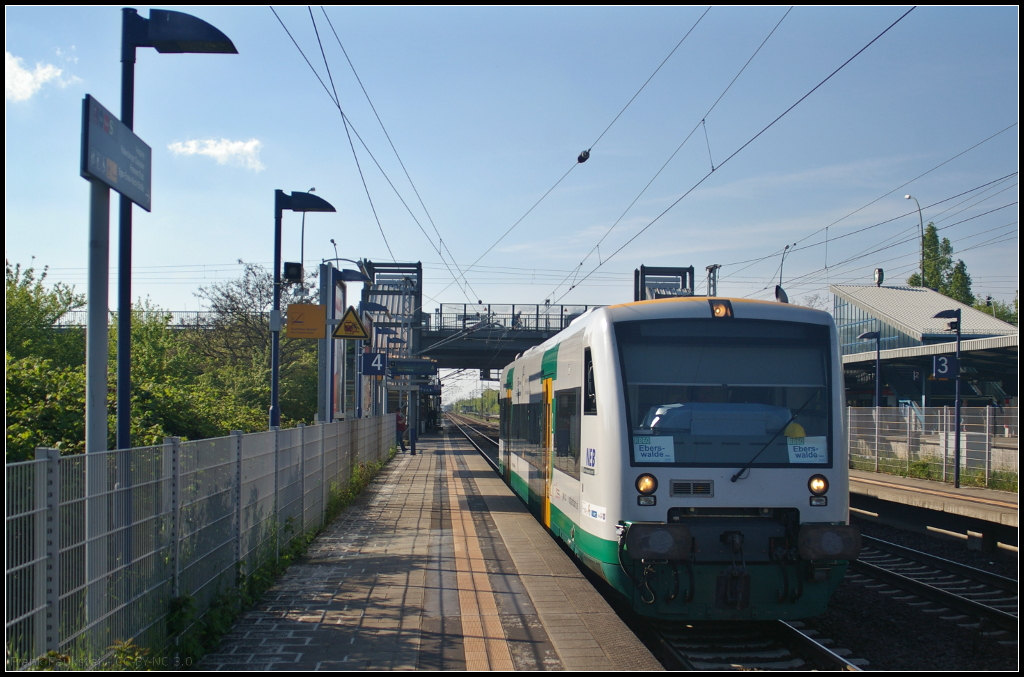 Am Fahrzeug stehen viele Nutzer, so auch die Vogtlandbahn und GW Train Regio a.s., letztere sind die Eigentümer von 650 064-8, der zuletzt als VT 650.64 bei der ODEG lief. Am 11.05.2017 fährt der RegioShuttle auf Dienstfahrt durch den Bahnhof Berlin-Hohenschönhausen nach Berlin um dann als RB60 nach Eberswalde zu fahren.