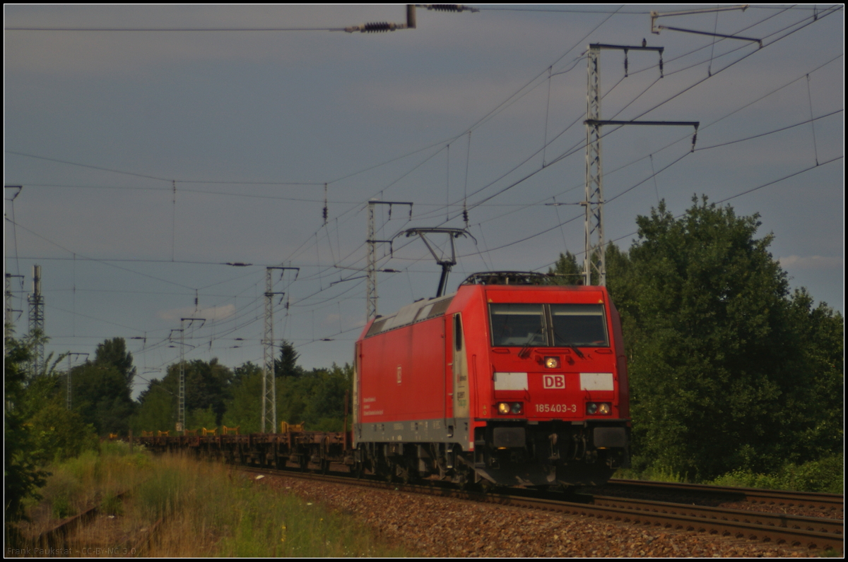 DB Cargo 185 403-3 fuhr mit leeren Wagen der Gattung Lgs 580 am 09.07.2017 durch die Berliner Wuhlheide. Die Lok gehörte einst zum Bestand von DB Schenker Rail Scandinavia A/S, Glostrup (DK). Daher noch der Aufkleber  DB Schenker / green cargo  am Führerstand.