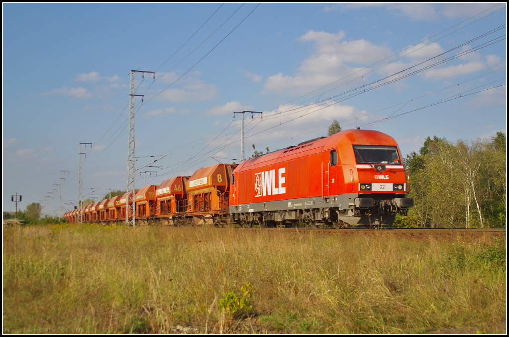 Die 223 056-3 der Westflische Landes-Eisenbahn GmbH (WLE) war mit Selbstentladewagen des Unternehmens Westkalk unterwegs (NVR-Nummer 92 80 1223 056-3 D-WLE)