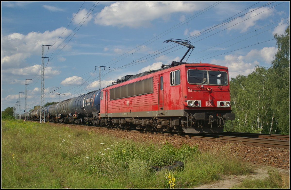 Die von Railpool angemietete 155 191-0 verrichtete am 09.08.2017 ihren Dienst bei DB Cargo und zog einen Kesselwagenzug durch die Berliner Wuhlheide