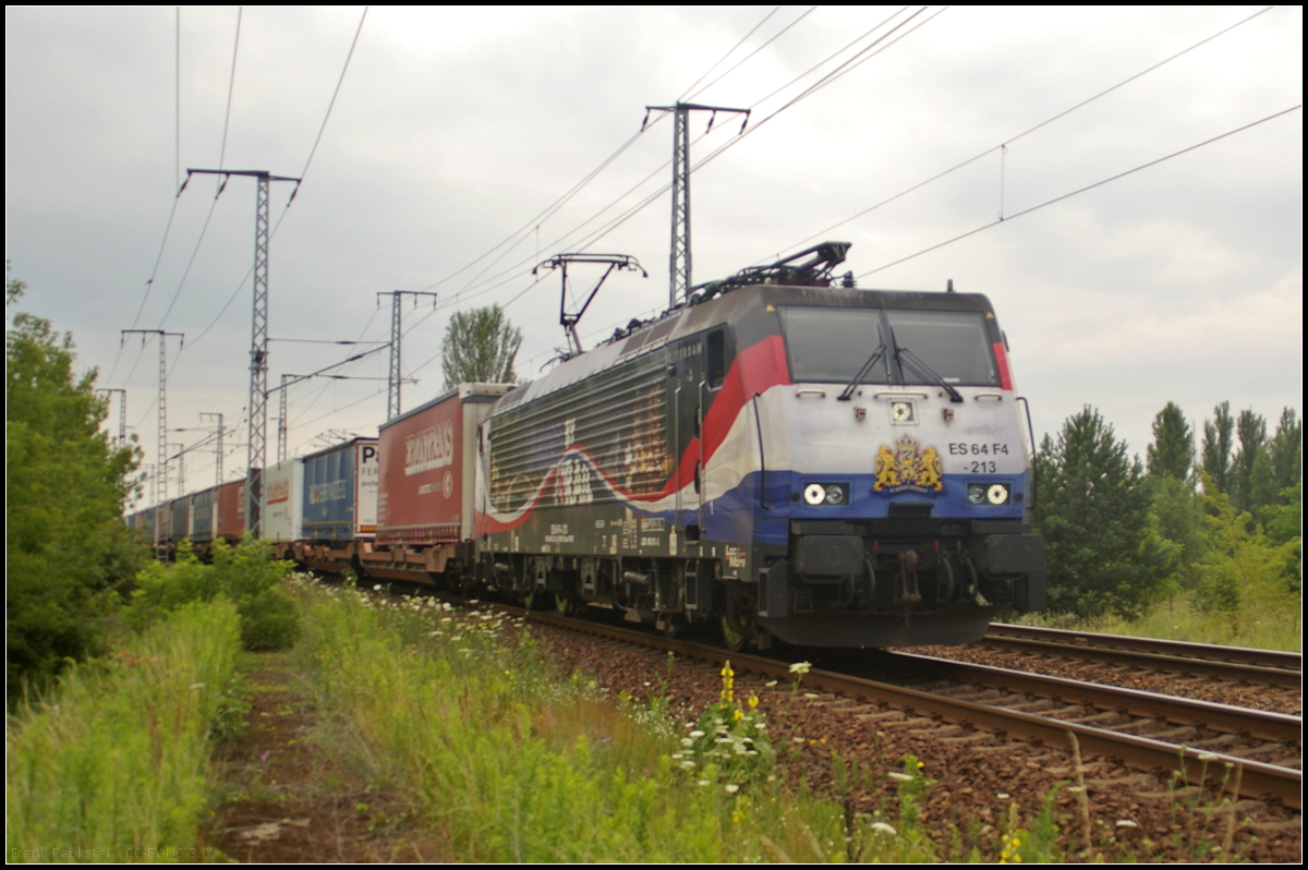 LTE ES 64 F4-213 / 189 213-3  Linked By Rail  fuhr mit dem KLV-Zug Richtung Poznan am 09.07.2017 bei bedekten Himmel durch die Berliner Wuhlheide. Diesmal fuhr sie mit dem Niederländischen Wappen voraus. Angeblich fuhr ERS Railways die Leistung nicht mehr.