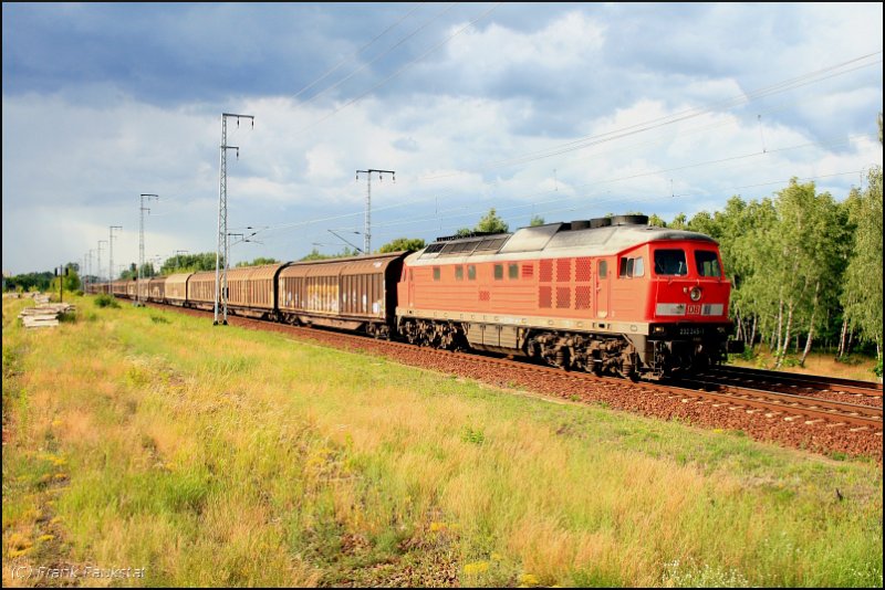 DB 232 245-1 erwischte mit ihrem Güterzug eine Sonnenlücke in der kompakten Wolkendecke (ex 132 245-2, Doppeltraktionsfähig, gesichtet Berlin Wuhlheide 20.06.2009)