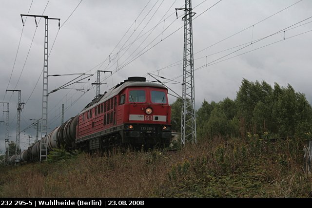 DB 232 295-5 (inzwischen umbenannt zu 233 295-5) mit Kesselzug bringt eine große Regenfront mit (Berlin Wuhlheide, 23.08.2008)