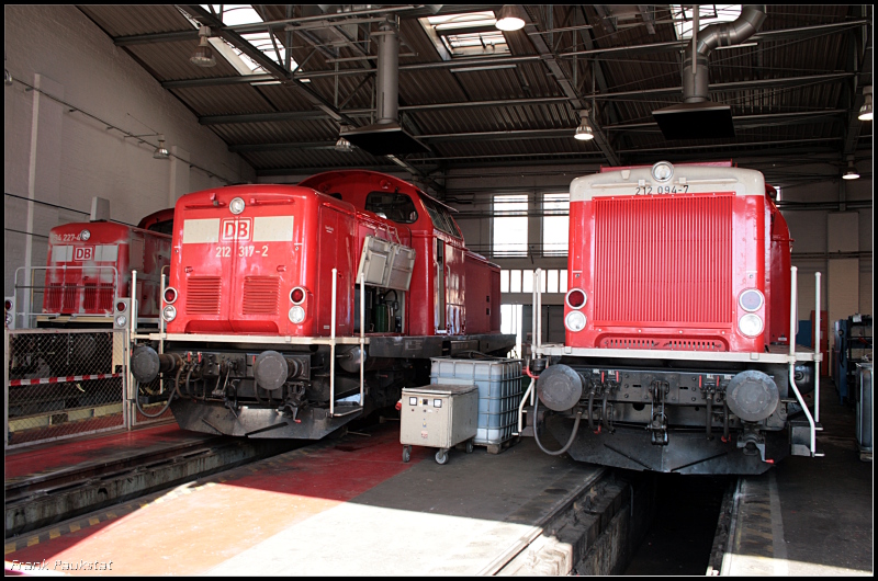 DB 294 227-4, DB 212 317-2 und 212 094-7 stehen im Lokanheizhaus bei der Drehscheibe (135 Jahre Werk Cottbus, Cottbus 19.09.2009)