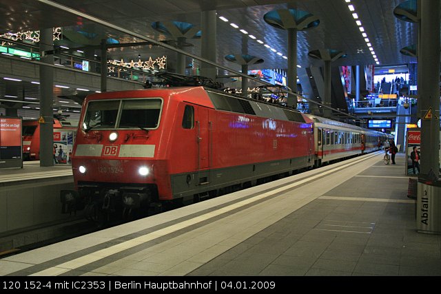 DB Fernverkehr 120 152-4 mit IC 2353 im Tiefgescho (Berlin Hauptbahnhof, 04.01.2009).