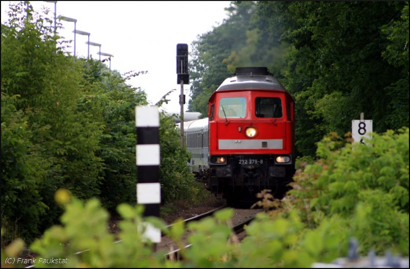 DB Schenker 232 379-8 (ex 132 379-9) mit dem Berlin-Warschau-Express im grünen  Tunnel  (Berlin Biesdorf, 20.06.2009)
<br><br>
- Update: ++ 11.2013 bei TSR in Magdeburg