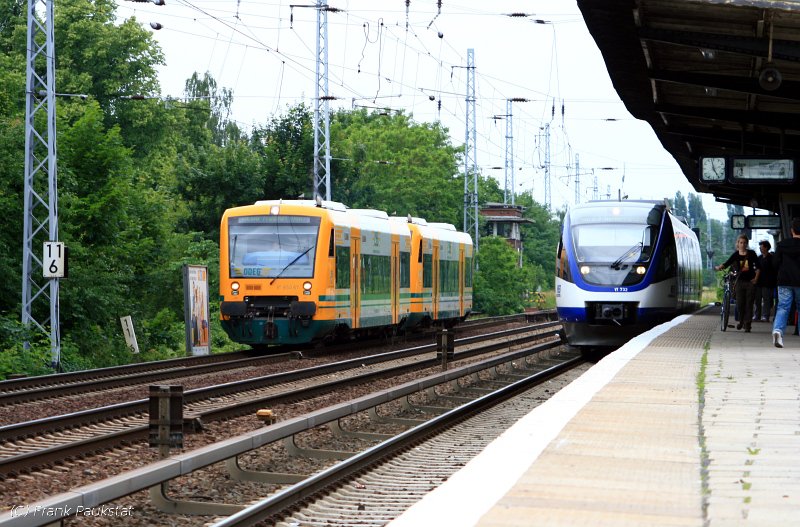 ODEG VT 650.67 / 650 067 als OE 80321 nach Frankfurt (Oder). Rechts steht NEB VT 732 als NEB 86226 nach Wensickendorf (Berlin Karow, 15.06.2009).