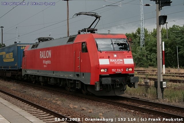RAILION Logistics 152 114-5 mit Walter-Zug (Railion Deutschland AG, gesichtet Oranienburg 08.07.2008).