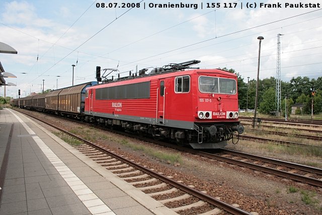 RAILION Logistics 155 117-5 mit Transwaggon-Zug (Oranienburg, 08.07.2008)