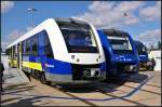 Zweimal Coradia LINT 54: Links erixx 622 208-6 fr den Betrieb auf einigen Regio-Linien in Niedersachsen (NVR-Nummer 95 80 0622 208-6 D-LNVG), daneben schaut vlexx 622 414 in die Sonne. Beide Triebzge standen auf der InnoTrans 2014 in Berlin