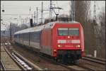 DB Fernverkehr 101 044 fuhr mit dem EC nach Bln.-Gesundbrunnen am 30.03.2013 durch Berlin-Karow