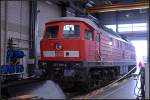 Im Kombiwerk werden auch Lokomotiven repariert, so stand u.a. DB Schenker 233 696-4 ohne Dachhaube, die vor der Lok liegt, in der Halle (10 Jahre Kombiwerk Magdeburg-Rothensee 17.09.2010)