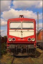 Zu Gast beim 15. Berliner Eisenbahnfest war auch WFL 155 159-7 im orientrot/weien Lack. Sie stand mit anderen Loks am 15.09.2018 auf dem Gelnde des alten Betriebsbahnhof Schneweide.