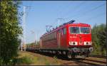 Mit einem gemischten Güterzug fuhr 155 099-5 von DB Schenker am 18.09.2014 durch die Berliner Wuhlheide