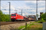 DB Cargo 145 063 fuhr mit einem gemischten Gterzug am 21.05.2016 durch die Elbbrcke bei Magdeburg