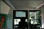 Blick Richtung Fahrerkabine und Fahrgastinformationssystem. Wie man links sieht, ist sogar WiFi in der Skoda ForCity Classic fr Konya mglich. Ausgestellt war die Tram auf der InnoTrans 2014 in Berlin
