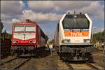 Ein Stelldichein gaben sich die beiden grundverschiedenen Loks WFL 155 159-7 und die HVLE 264 004-3 am 15.09.2018 beim 15. Berliner Eisenbahnfest in Berlin Betriebsbahnhof Schneweide.