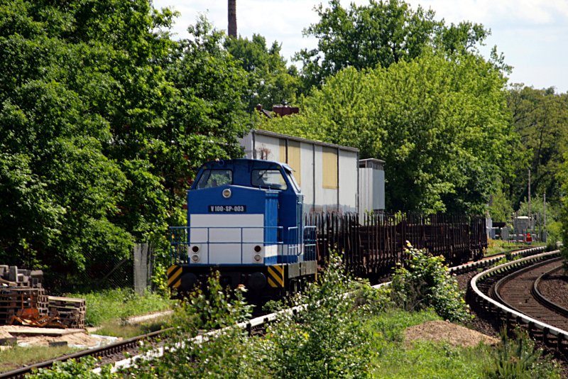 V100-SP-003 / 202 677 mit Niederbordwagen (Grünau, 14.05.2009).