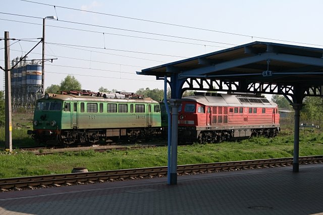Zwei alte Lokomotiven, einmal eine Ludmilla und eine unbekannte E-Lok, whrend der Fahrt fotografiert (Wolsztyn, 03.05.2008).