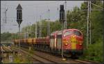 Die beiden NoHAB My1125 und My1149 von Strabag mit leeren Seitenkippwagen auf dem Weg nach Hennigsdorf (gesehen Hennigsdorf b.