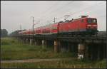 DB Regio 114 018-5 mit dem RE 38017 nach Eisenhttenstadt auf der Flutbrcke (gesehen Biederitz 09.08.2010)