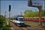 NEB VT 735 / 643 408-7 fuhr als RB12 Berlin Ostkreuz am 11.05.2017 in den Bahnhof Berlin-Hohenschönhausen ein.